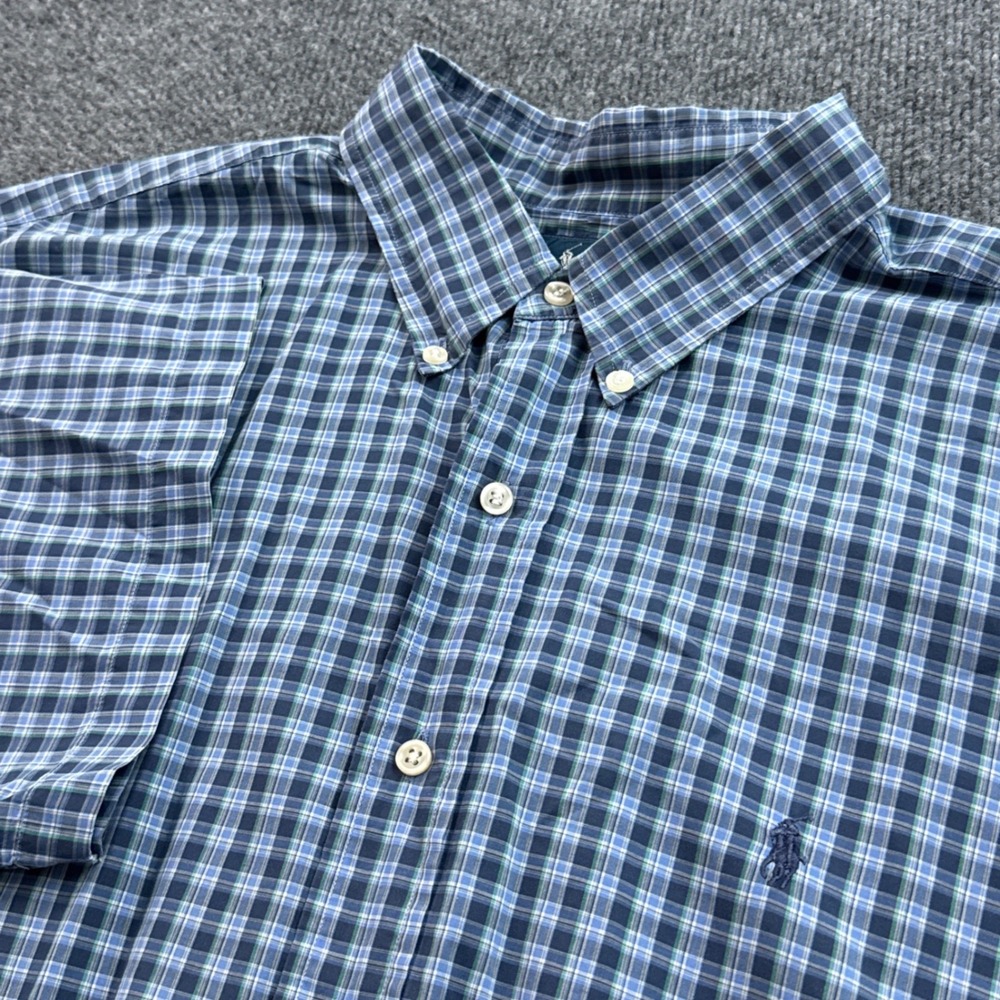 Polo Ralph Lauren Blake Shirt Mens XXL Blue Green Plaid Cotton Short Sleeve
